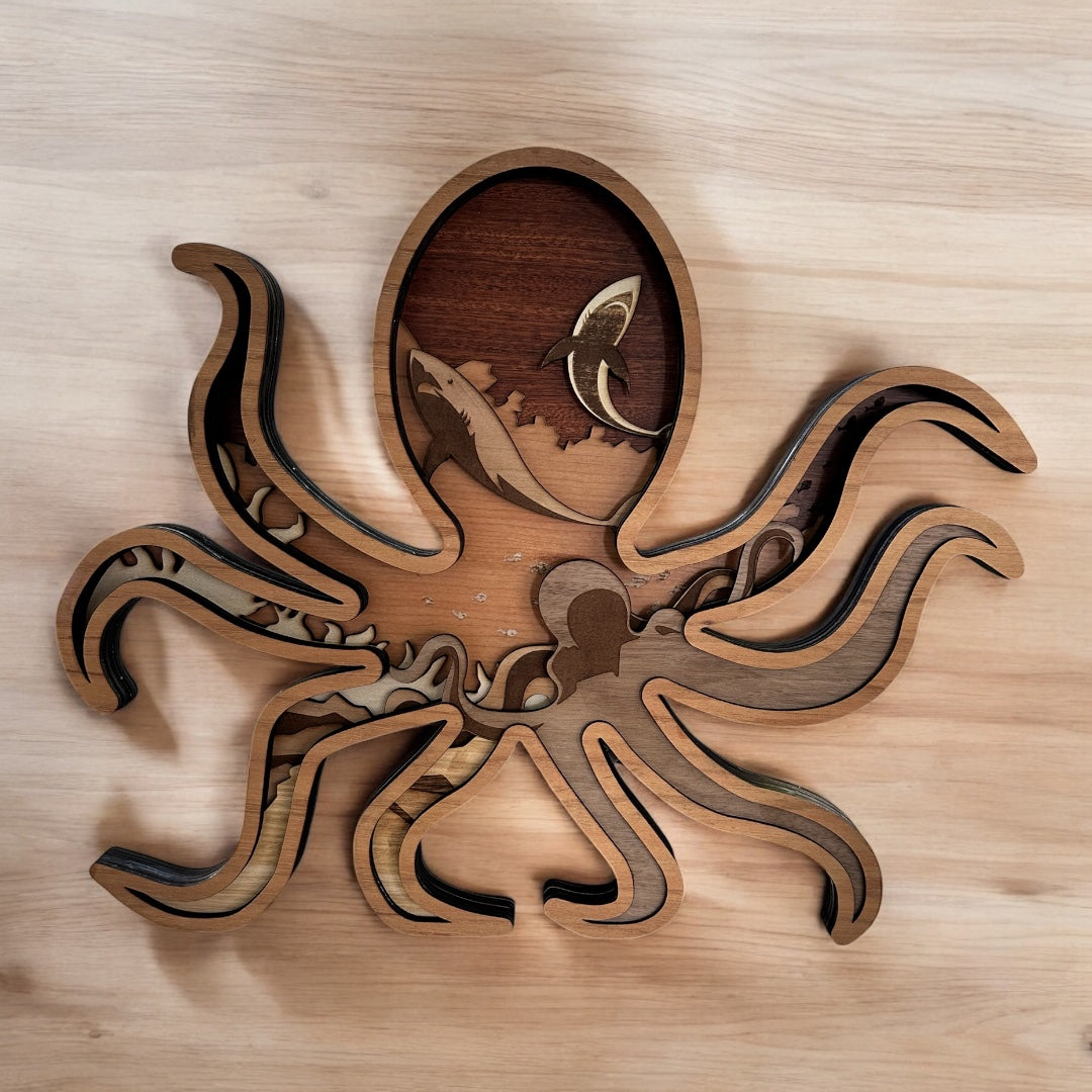 Wooden octopus wall art on a wooden background