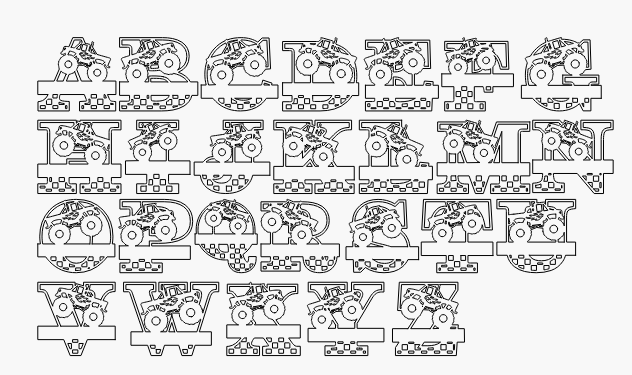 Black and white illustration of a Monster Truck letter alphabet on a white background