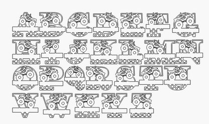 Black and white illustration of a Monster Truck letter alphabet on a white background