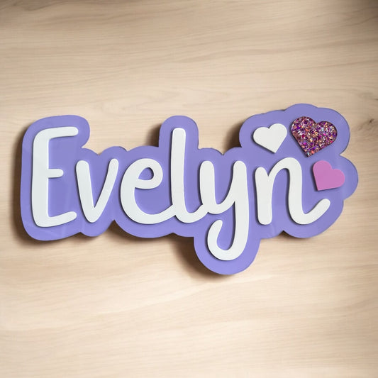 Decorative nameplate with 'Evelyn' on a wooden background