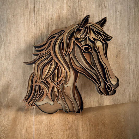 Wooden horse head sculpture on a wooden background