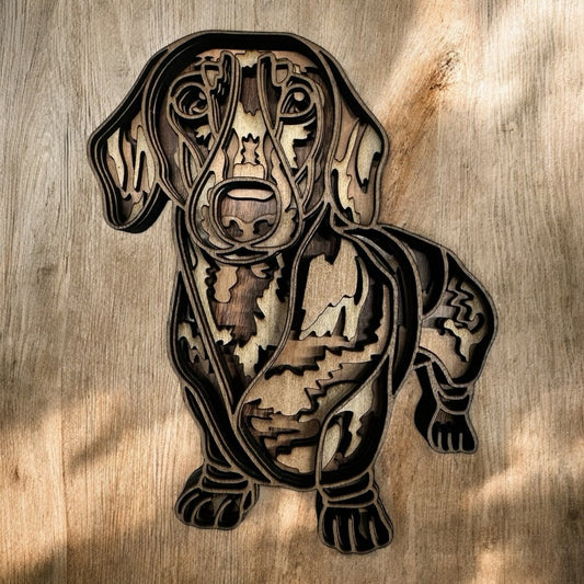 wooden layered dachshund on a wood background