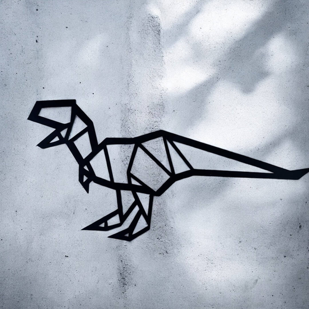 Geometric dinosaur outline on a textured gray background