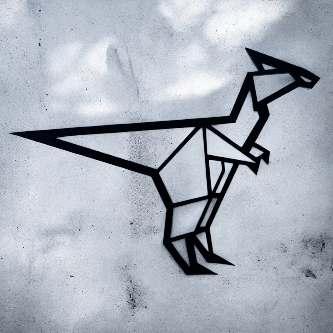 Geometric dinosaur outline on a textured gray background